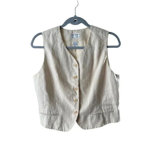 Preview Collection Vintage 100% Linen Vest Beige Button Front Waistcoat Large - Picture 1 of 4